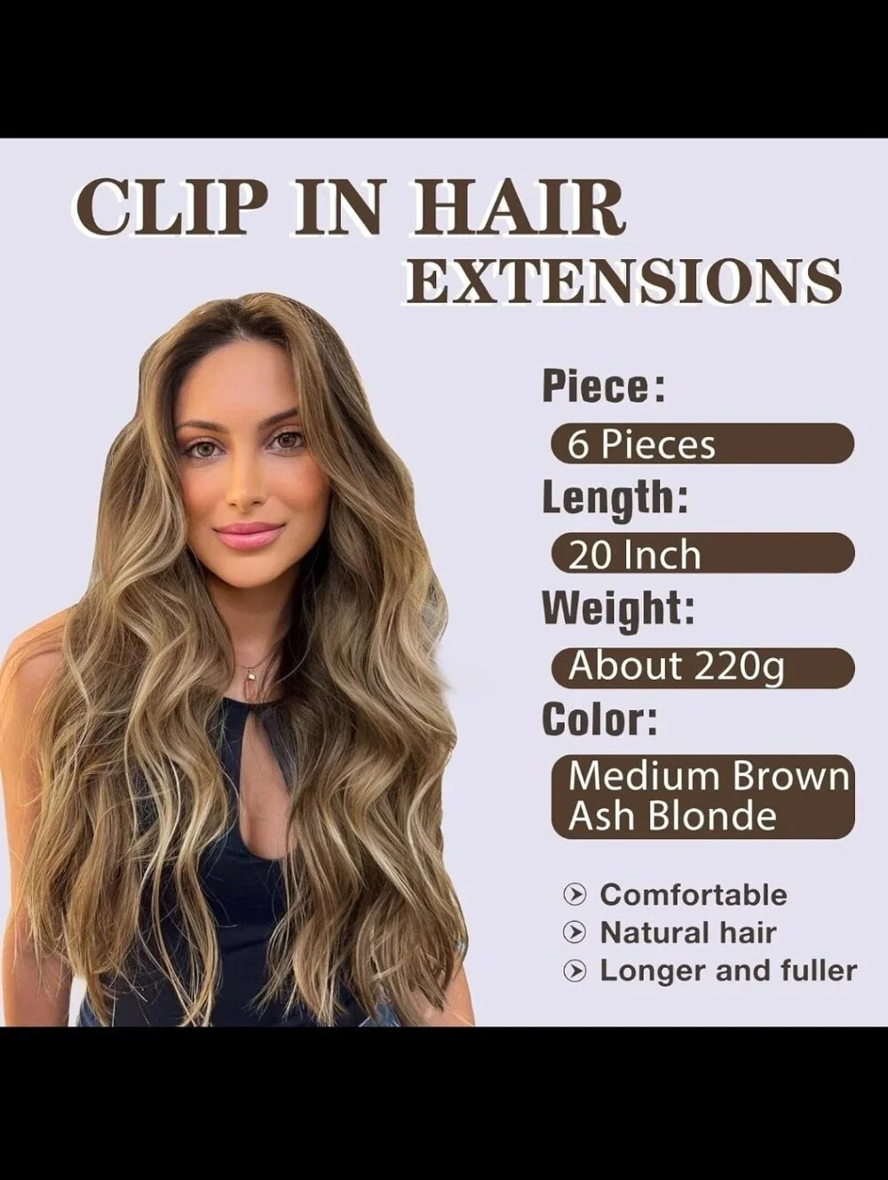 NAYOO Clip in Hair Extensions for Women 20 Inch Long Wavy Curly Medium Brown Ash